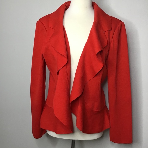 St. John Red Wool Open Sweater Jacket Peplum Sz 16